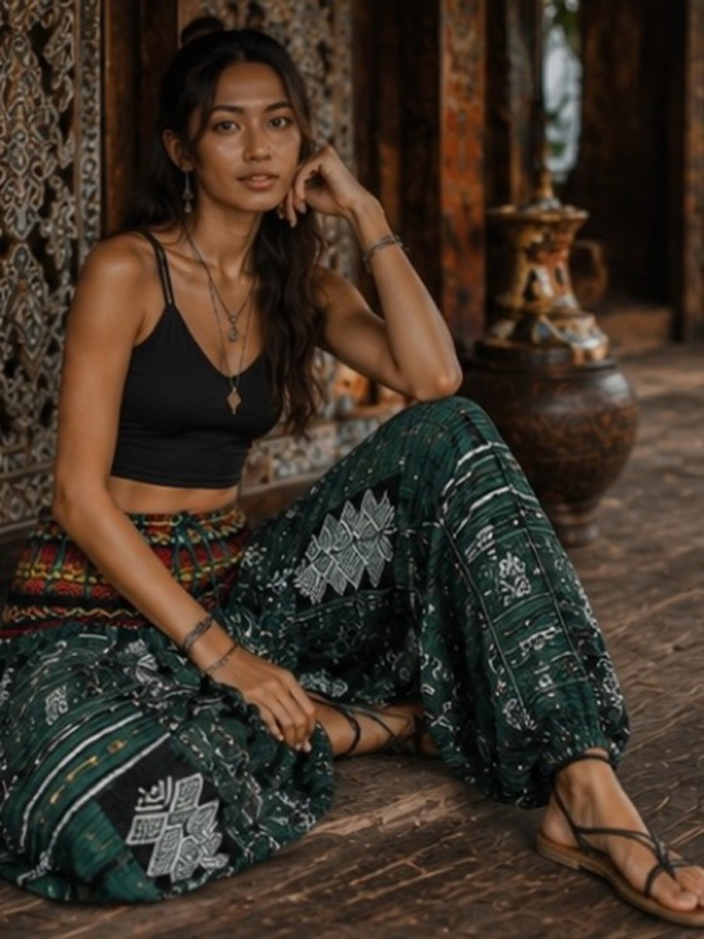 Thai Hill Tribe Handmade Green Harem Unisex Balloon Pants Artisan Woven M - XL